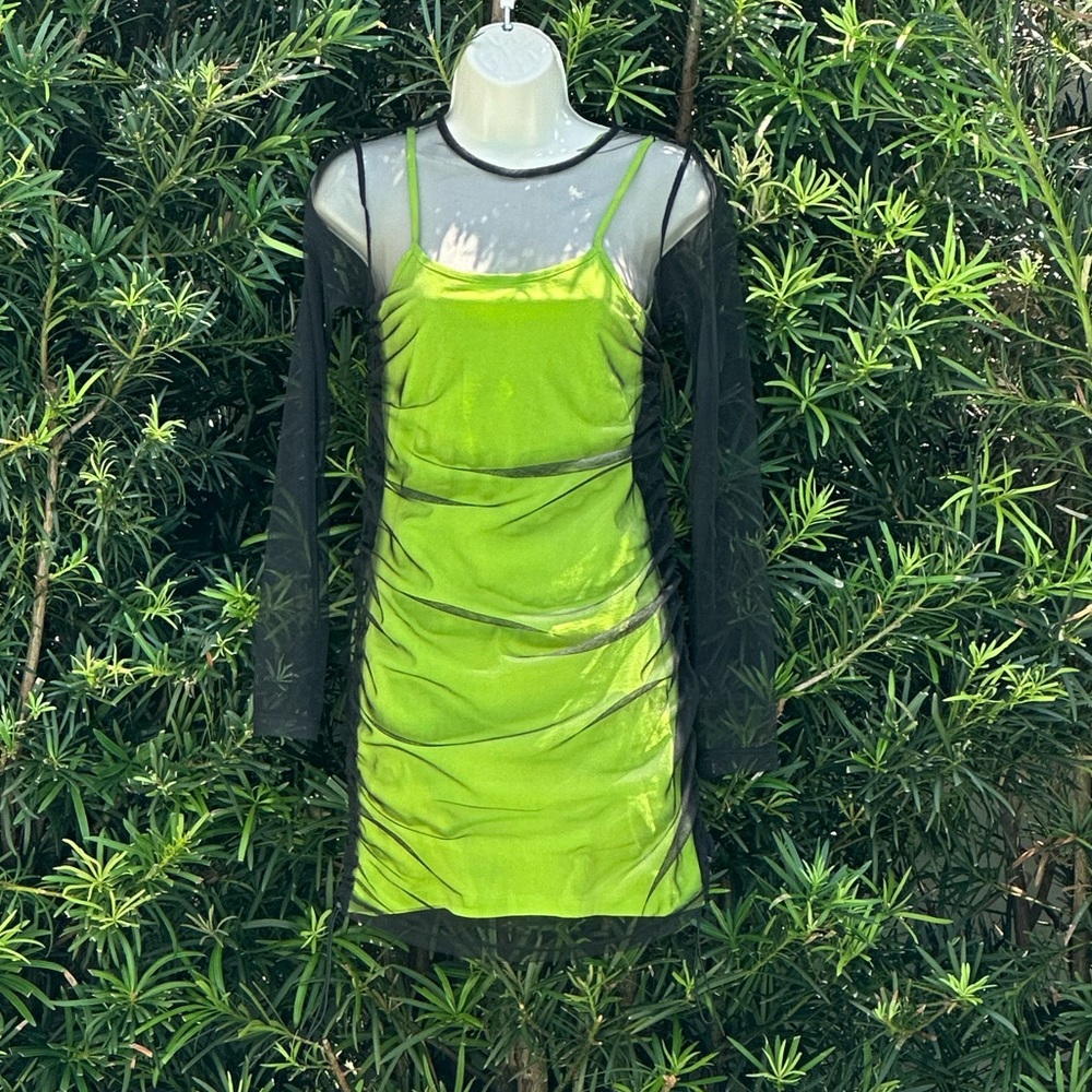 NWOT The Ragged Priest, black mesh dress with neon green slip tank dress, small